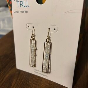 Time and Tru Drop Earrings Women OS Gold White NEW Semi-Precious Geometric Stone